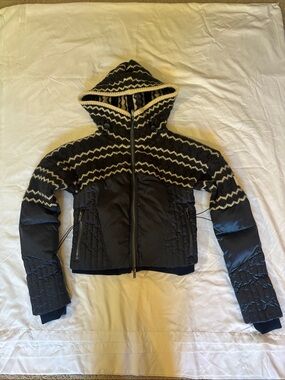 Free People Blue & Cream Hooded Mixed-Media Puffer Jacket